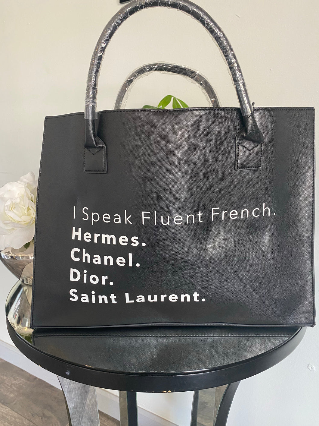 I SPEAK FLUENT FRENCH HANDBAG BLACK