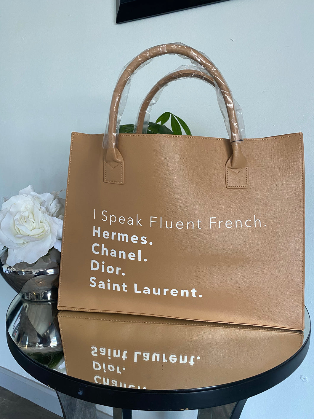 I SPEAK FLUENT FRENCH HANDBAG CAMEL